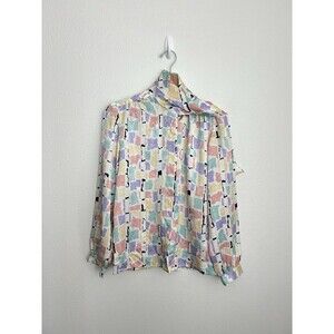 VTG 80s La Chine Classic Pastel Abstract Button Up M Secretary Tie Neck Office